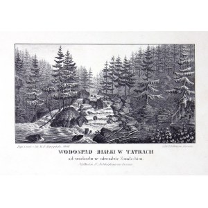 [TATRY]. Wodospad Białki w Tatrach od wschodu w obwodzie Sandeckim. Litografia form. 10,7x19,2 na ark. 21,2x28,...