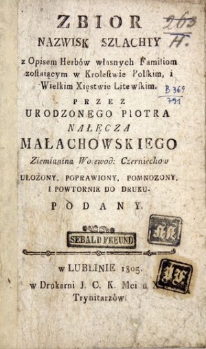 P. MAŁACHOWSKI - Zbiór nazwisk szlachty z opisem herbów. 1805.