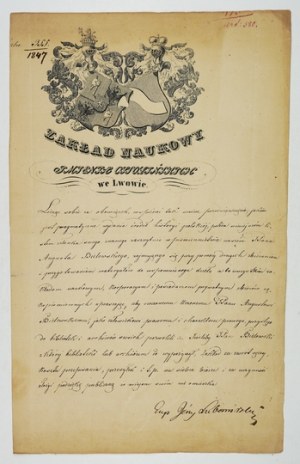 [LUBOMIRSKI Jerzy]. Signature of Jerzy Lubomirski as vice curator of the Ossolineum under a handwritten letter of recommendation issued...