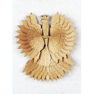 [EAGLE]. Prostorový korunovaný orel, precizně ručně vyrobený z kusů dřeva a dřevěných třísek.