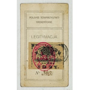 [TOWARZYSTWO Tatrzańskie]. Legitymacja Polskiego Towarzystwa Tatrzańskiego na rok 1927 wydana Józefowi Piskornikowi z Bi...