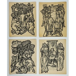 (LANGNER Wiktor). Eine Sammlung von vier handschriftlichen Tuschezeichnungen, die Illustrationen zu einem Zeitungstext über Bolesław Chr...