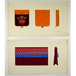 [WALTER-ŁOMNICKA Rita, Handtaschenentwürfe]. Zwei handgefertigte Entwürfe für Damenhandtaschen im volkstümlichen Stil, vorbereitet...