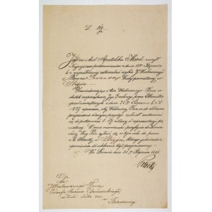 (POTOCKI Alfred Józef). Unterschrift von Alfred Józef Potocki als österreichischer Gouverneur von Galizien, auf Vorschlag von Joseph Br...