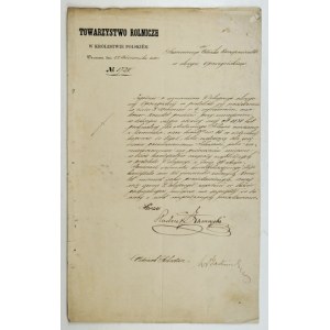 (ZAMOYSKI Andrzej). Handschriftlicher Brief, unterzeichnet von Andrzej Zamoyski als Präsident der Landwirtschaftlichen Gesellschaft,...