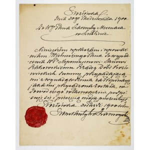 [ZAMOYSKI Konstanty]. Rukopisný príkaz na zaplatenie dlžnej sumy Janovi Nepomucenovi Borkovskému,...