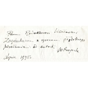 [CZAPSKA Maria]. Ručně psané věnování Marii Czapské na volném lístku, datováno VII 1975.