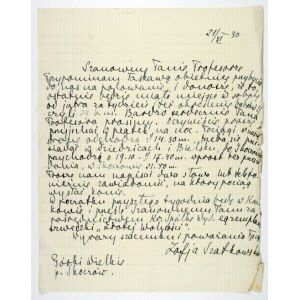 (KOSSAK-SZCZUCKA Zofia). Handschriftlicher Brief von Zofia Kossak-Szczucka an den ungenannten Professor Władysław Konopc...