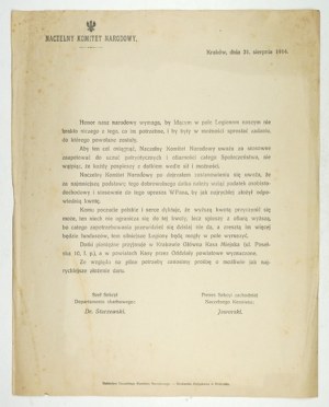 Apel NKN o wsparcie finansowe Legionów. 31 VIII 1914.