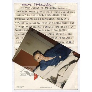 [ŁOMNICKI Tadeusz]. Krótki odręczny tekst Tadeusza Łomnickiego z 1972 na odwrocie zdjęcia i telegram do Marty Stebnickie...