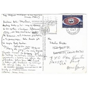 Postcard from Zbigniew and Katarzyna Herbert to Zdzislaw Najder, dated August 1967.