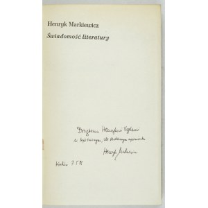 H. MARKIEWICZ - Świadomość literatury. 1985. Dedykacja autora.