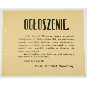 OGŁOSZENIE. Polski Komitet Narodowy wzywa wszystkich mieszkańców m. Aleksandrowa Kuj....