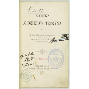 SMOCZYŃSKI Wincenty - Kartka z dziejów Tęczyna. Kraków 1888. Nakł. autora. Druk. Czasu. 16d, s. 109. brosz....