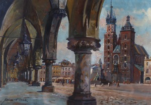 Juliusz SŁABIAK, WIDOK NA KOŚCIÓŁ MARIACKI SPOD SUKIENNIC W KRAKOWIE