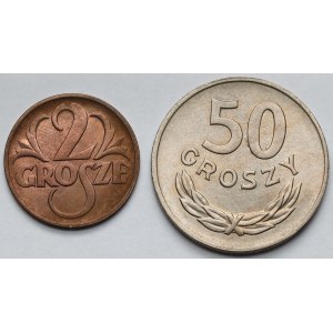 2 Pfennige 1938 und 50 Pfennige 1949 CuNi - Satz (2St.)
