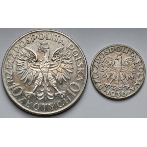 Sobieski 10 złotych 1933 i Żaglowiec 2 złote 1936 - zestaw (2szt)