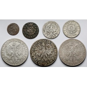 Srebrne monety II RP + 2 miedziaki Polski Królewskiej (7szt)