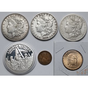USA, Dolar 1879-2009, Cent 1879 oraz Medal 2001 - zestaw (6szt)