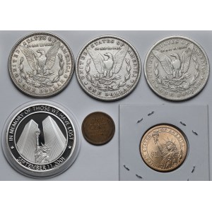 USA, Dolar 1879-2009, Cent 1879 oraz Medal 2001 - zestaw (6szt)