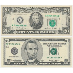 USA, 20 Dollars 1990 & 5 Dollars 1999 (2pcs)
