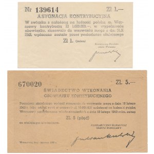 Asygnacja i Świadectwo Kontrybucji 1 zł 1942 i 5 zł 1943 (2szt)