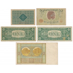 Zestaw banknotów MIX - Ukraina, USA i 50 zł 1929 (5szt)