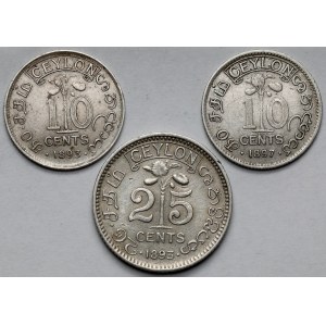 Cejlon, 10-25 centów 1893-1897 - zestaw (3szt)