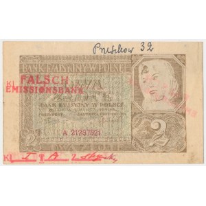 Falsyfikat 2 złote 1940 - ze stemplem FALSCH EMISSIONSBANK