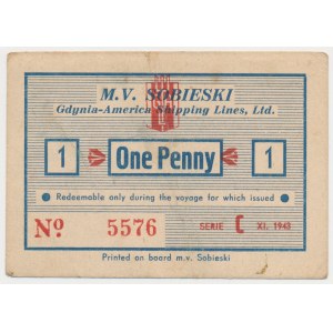 M.V. SOBIESKI, Gdynia-America - Shipping Lines, Ltd. - 1 penny 1943