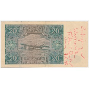 20 złotych 1946 - mała litera - notatka informacyjna z epoki na marginesie