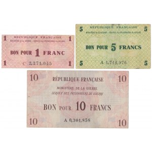 France, 1, 5 & 10 Francs - prisoner of the Second War banknotes (3pcs)