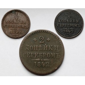 Rosja, Mikołaj I, 1/2 - 2 kopiejki srebrem 1842 - zestaw (3szt)