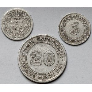 Straits Settlements i Indie, 5, 20 centów i 2 anna 1887-1901 - zestaw (3szt)