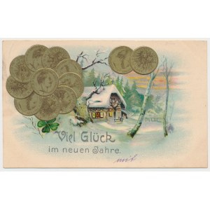 Pocztówka Noworoczna z wizerunkami monet (1930/1)