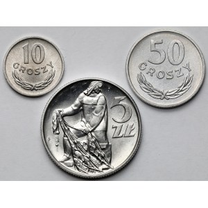 Rybak 5 złotych 1974 i 10-50 groszy 1961-1970 - zestaw (3szt)