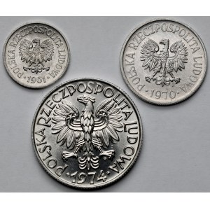 Rybak 5 złotych 1974 i 10-50 groszy 1961-1970 - zestaw (3szt)