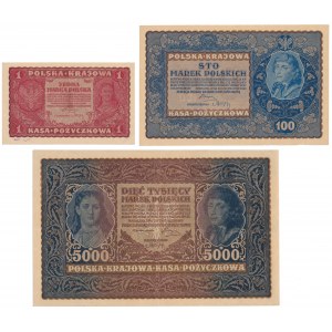 Zestaw 1 i 100 mkp 1919 i 5.000 mkp 1920 (3szt)