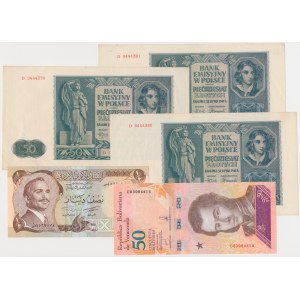 Zestaw 3x 50 zł 1941 + banknoty z Wenezueli i Jordanii (5szt)