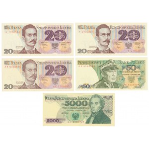 Zestaw 20, 50 i 5.000 zł 1982-1988 (5szt)