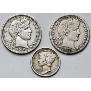 USA, 1/4 dolara 1910-1915 i Dime 1917 - zestaw (3szt)