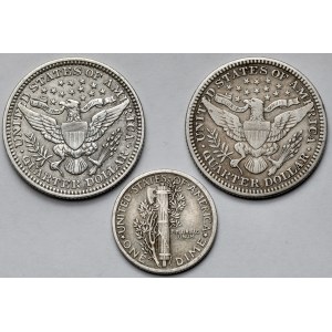 USA, 1/4 dolaru 1910-1915 a desetník 1917 - sada (3ks)