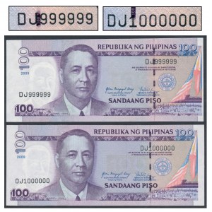 Philippines, 100 Sandaang Piso 2009 SOLID No. 999999 & MILION 1000000 (2pcs)