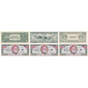 USA, 1 Dollar 2001 w folderze + banknoty fantazyjne (6szt)