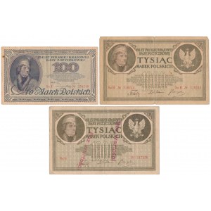 Zestaw 100 i 1.000 mkp 1919 i 1.000 mkp 1919 ze stemplem Bez wartości (3szt)