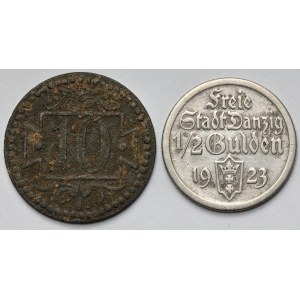 Gdańsk, 10 fenigów 1920 cynk i 1/2 guldena 1923 - zestaw (2szt)