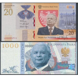 20 zł 2021 Lech Kaczyński i fantazyjne 1.000 zł 2020 - Jarosław Kaczyński (2szt)