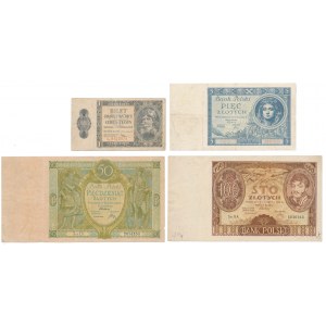 Zestaw banknotów polskich 1929-1938, w tym 50 zł 1929 ze zmienioną kolorystyką (4szt)