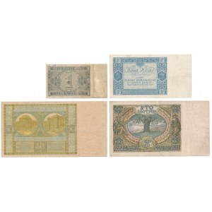 Zestaw banknotów polskich 1929-1938, w tym 50 zł 1929 ze zmienioną kolorystyką (4szt)