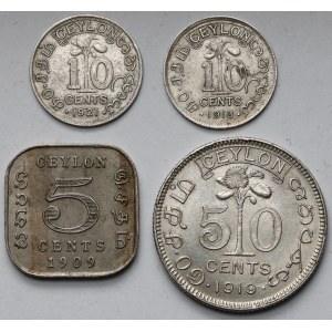 Indie, Ceylon, 5 - 50 centów 1909-1921 - zestaw (4szt)